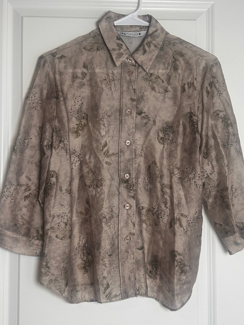 Zara Men's Taupe Floral-Print Button Down Shirt